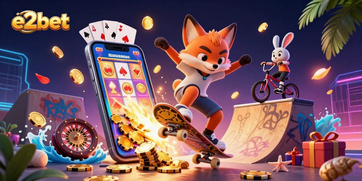 Experience gaming excitement at e2bet with thrilling cartoon characters and dynamic casino elements.