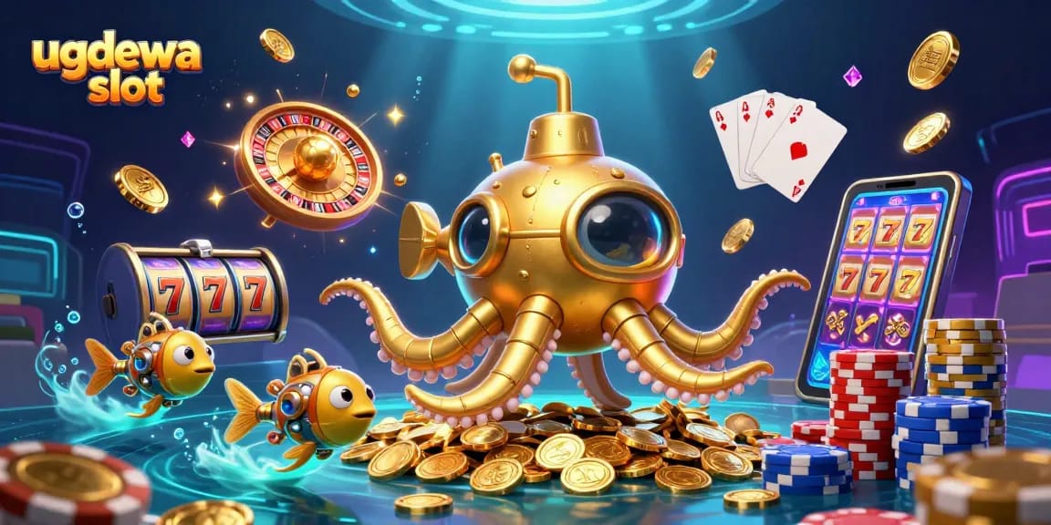 Experience the excitement of ugdewa slot with this dynamic underwater casino scene featuring golden treasures and slot reels.