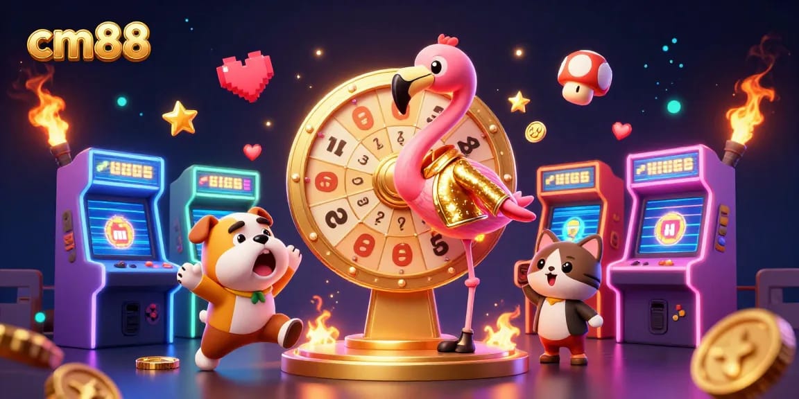 Engage with cm88's vibrant 3D casino atmosphere featuring a flamingo host, bulldog contestant, and colorful game machines.