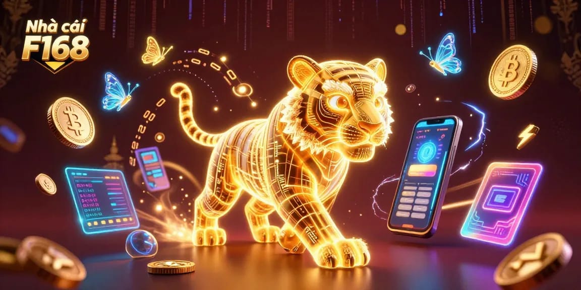 Experience Nhà cái F168 in a vibrant 3D casino, showcasing golden tiger, cryptos, and energy.