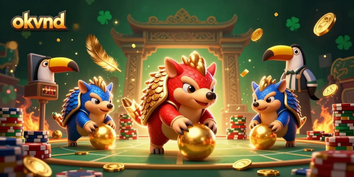 Engage in the thrilling world of okvnd with rival pangolins in a vibrant casino setting.