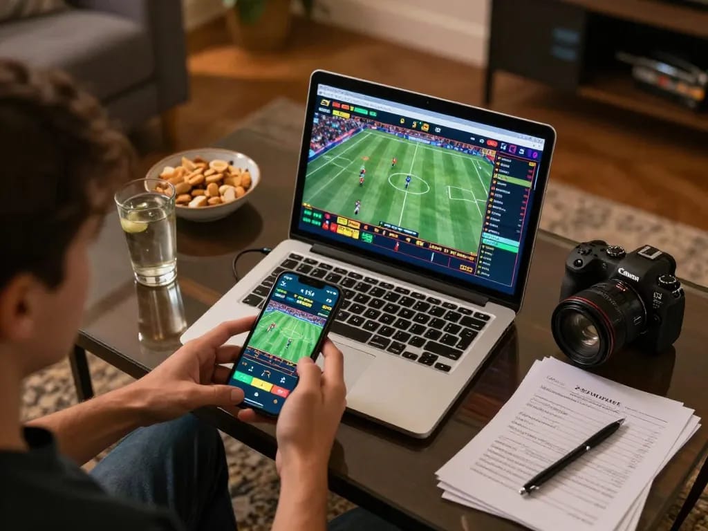 Person engaging in Keo nha cai 5 sports betting analysis while focusing on live matches online.