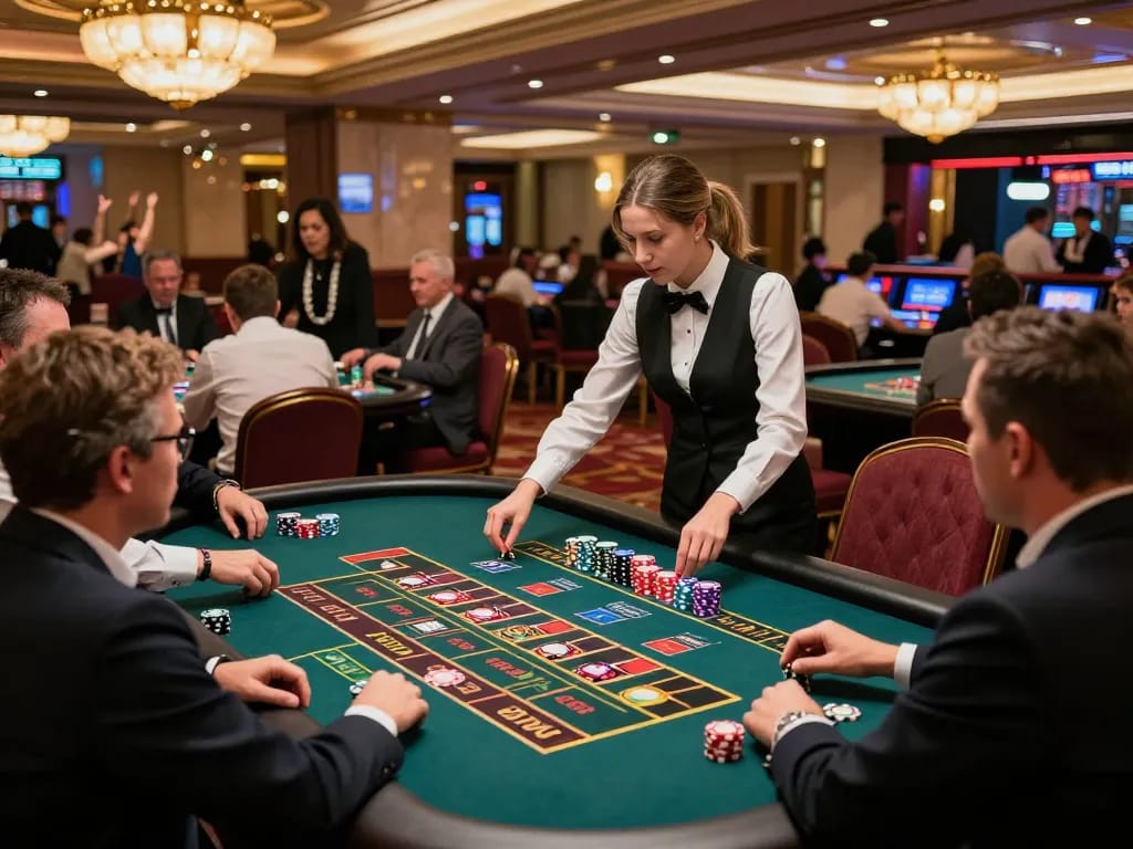 Mantra88 integrates upscale roulette gameplay with croupiers and excited players in a vibrant casino.