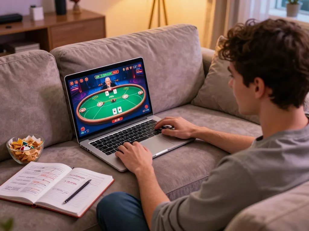 GG88 player strategizing poker gameplay at home, showcasing online casino experience