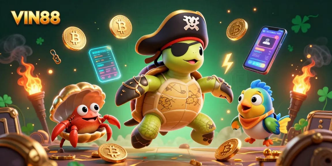 Engage with VIN88's vibrant casino scene featuring a pirate turtle, hermit crab, and treasures