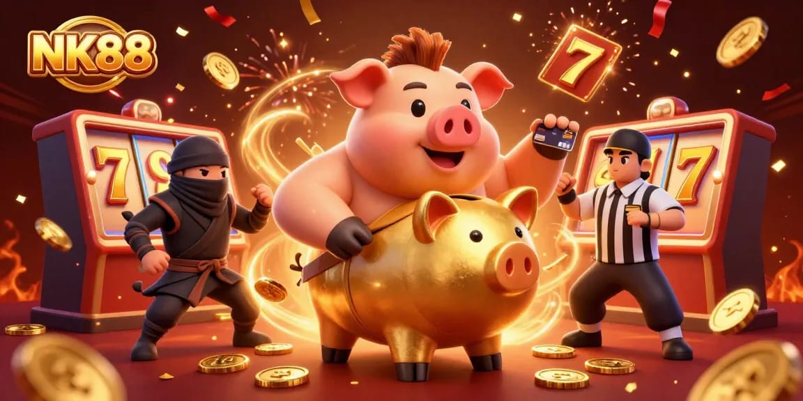 Engage with exciting NK88 casino gameplay as characters celebrate winnings amidst vibrant slot elements.