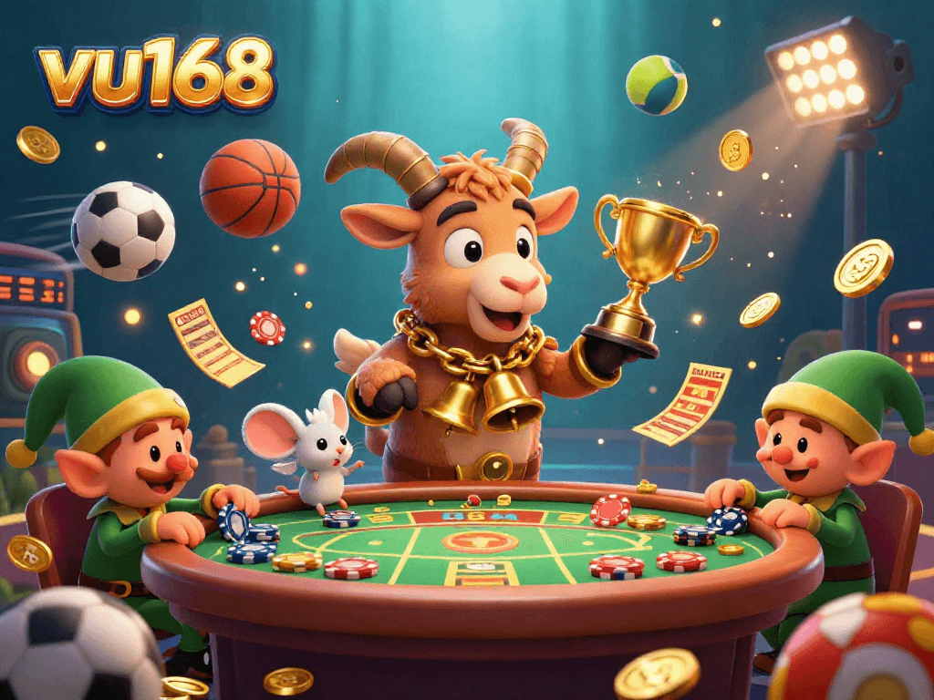 Bet on sports excitement with vu168 in a lively gaming atmosphere featuring Krampus, mouse, and elf gremlins.