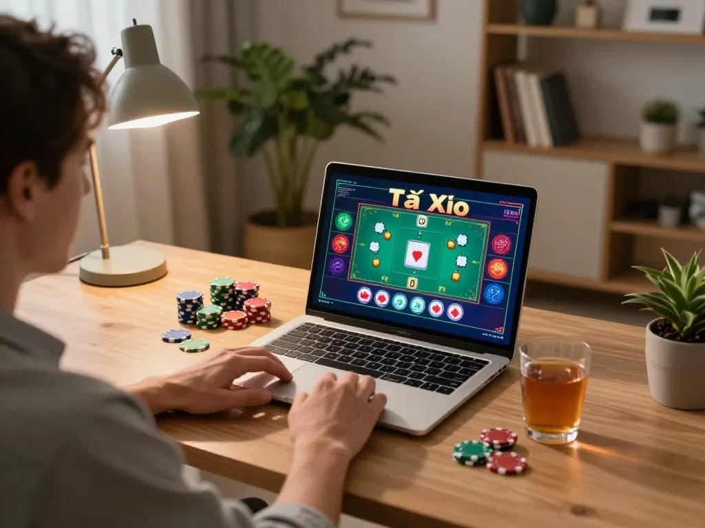 Tài Xỉu online gameplay on laptop showcasing screen action and cozy home setup.