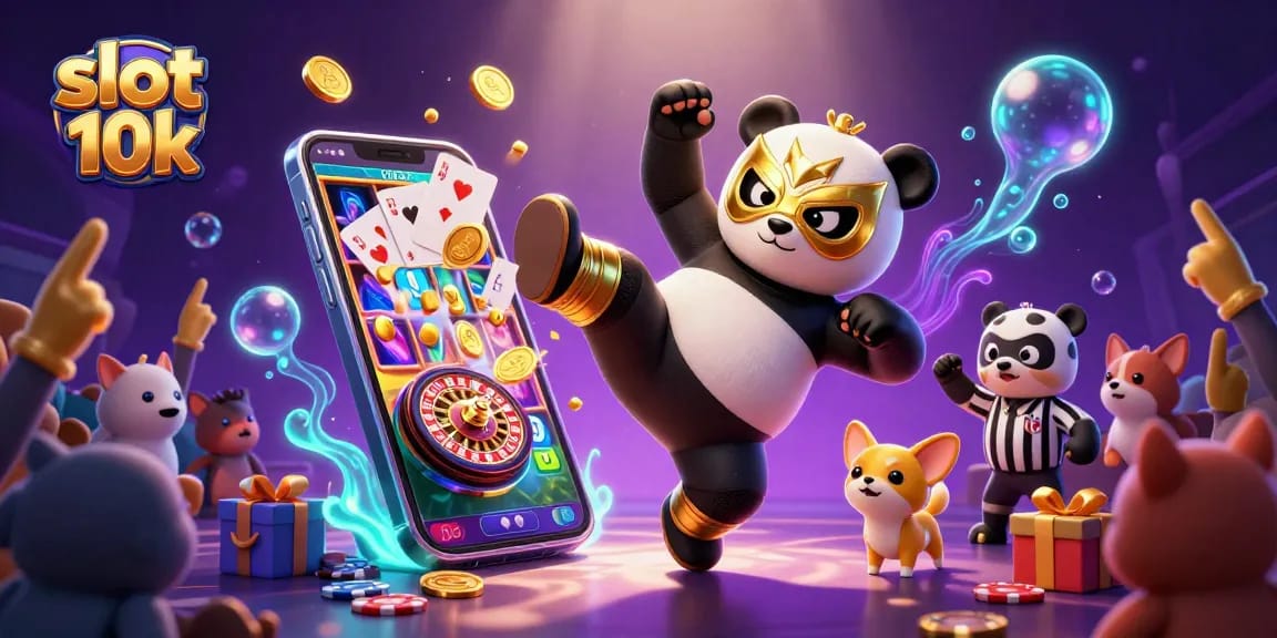 Spin reels with slot 10k excitement featuring a wrestling panda and cheering animal crowd.