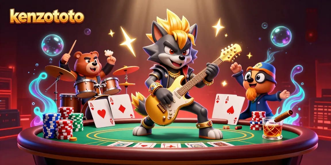 Kenzototo showcases a thrilling casino experience featuring wolf and bear characters amid dynamic poker action.