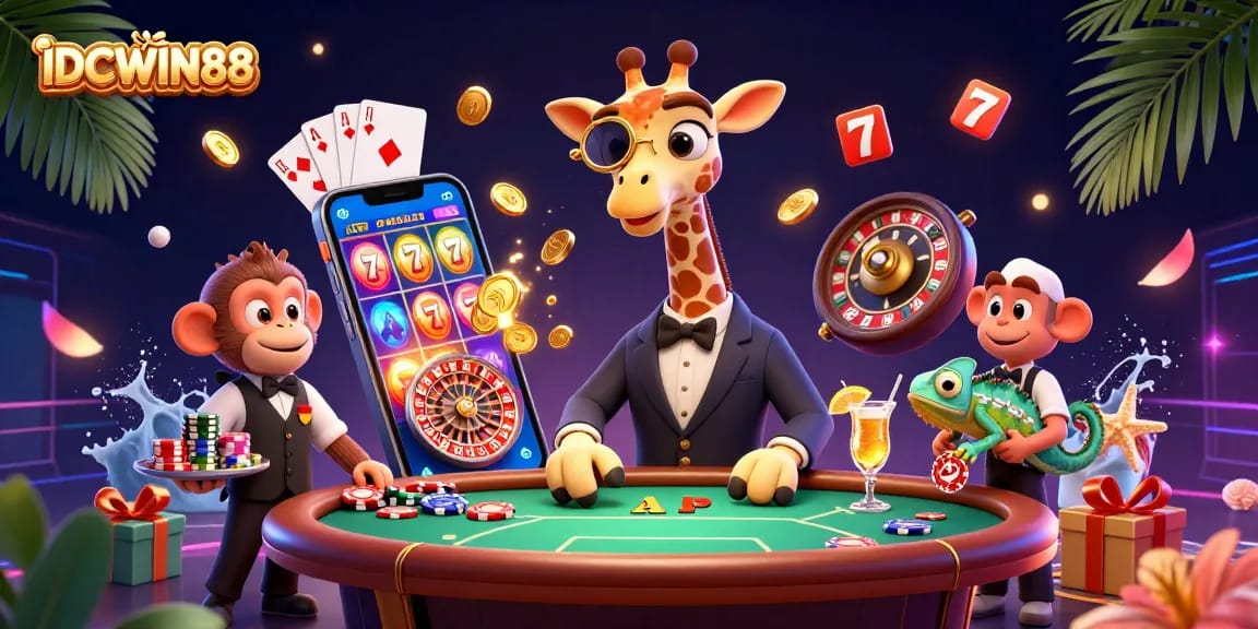 Engage with IDCWIN88's vibrant gaming scene with a high-roller giraffe and dynamic casino elements.
