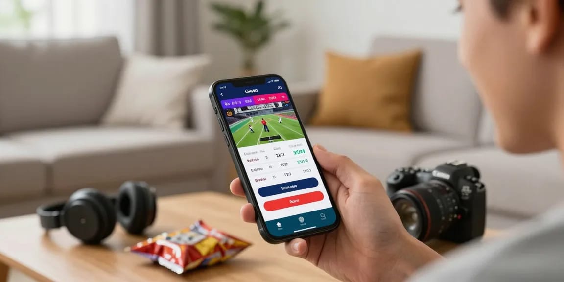 LUCK8 online betting app interface with user engaging in sports betting, modern living room ambiance.
