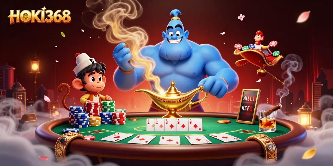 Join the excitement at HOKI368 with a dynamic casino scene featuring poker chips and a magical atmosphere.