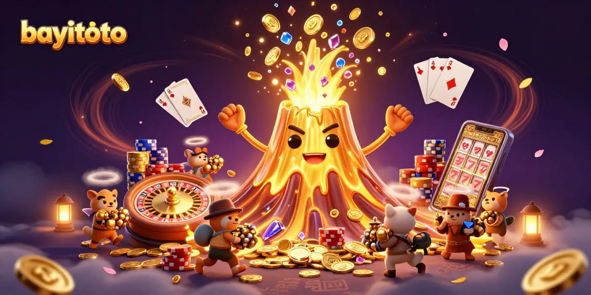 Experience thrilling wins at bayitoto with a 3D golden volcano unleashing treasure in a vibrant casino setting.