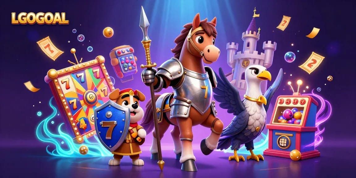 Experience the excitement of LGOGOAL as cartoon knight and friends engage with vibrant casino elements.