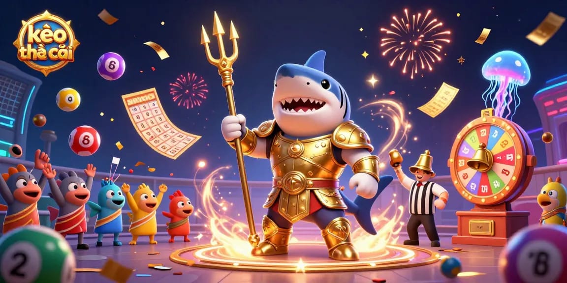 Experience thrilling kèo nhà cái action with a vibrant underwater colosseum featuring a golden gladiator shark and lively game elements.
