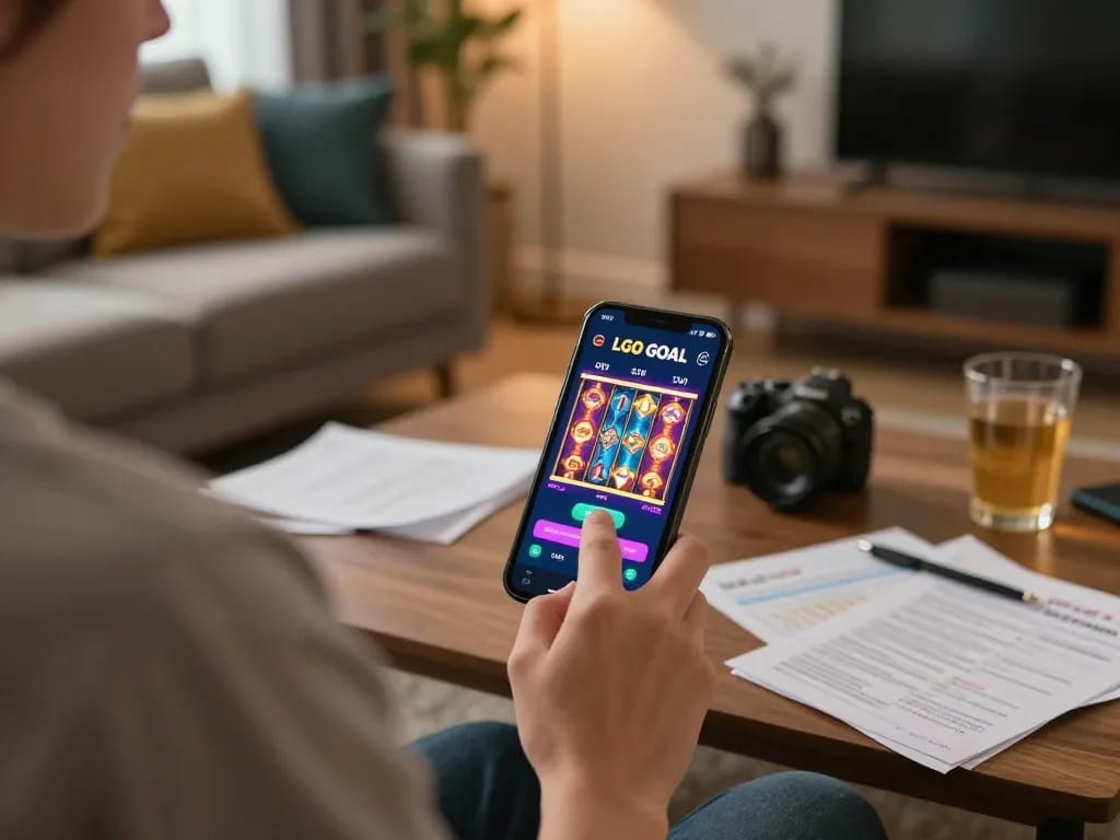 LGO GOAL user spins the slots on a mobile app in a cozy home environment with warm lighting.