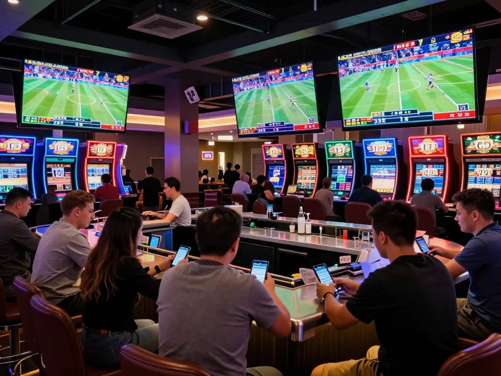 Engaging betting scene with sports fans analyzing kèo nhà cái and placing wagers in a lively casino.