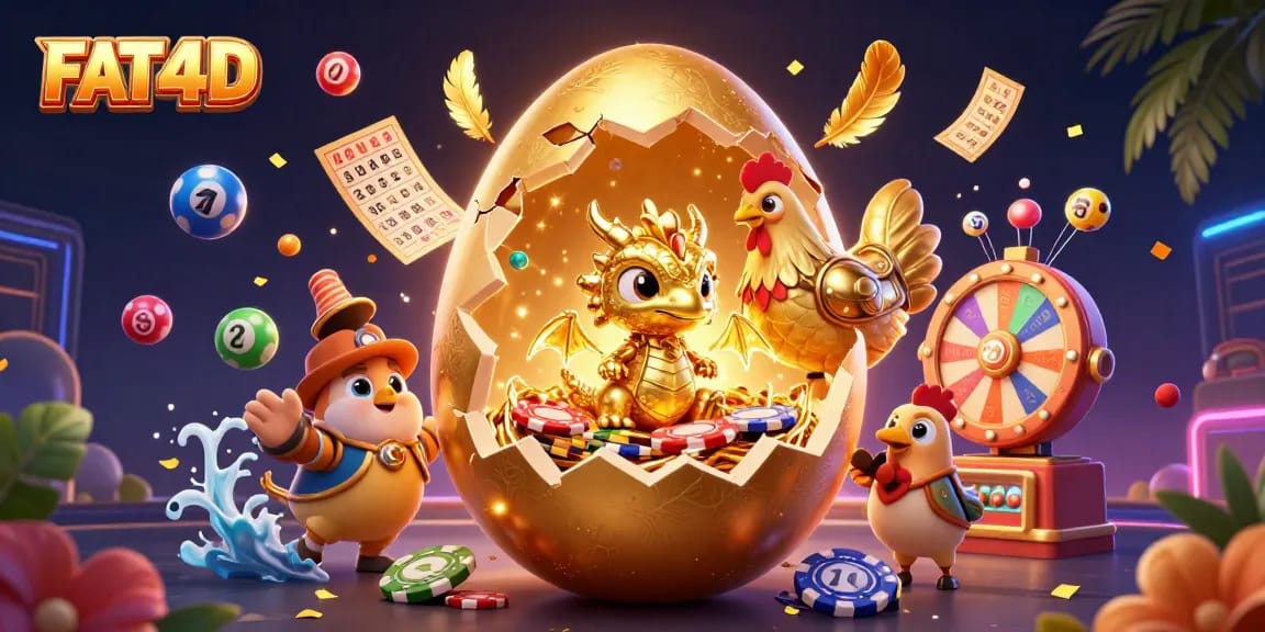 FAT4D unveils golden treasures as a baby dragon emerges from a jackpot egg amidst vibrant casino elements.