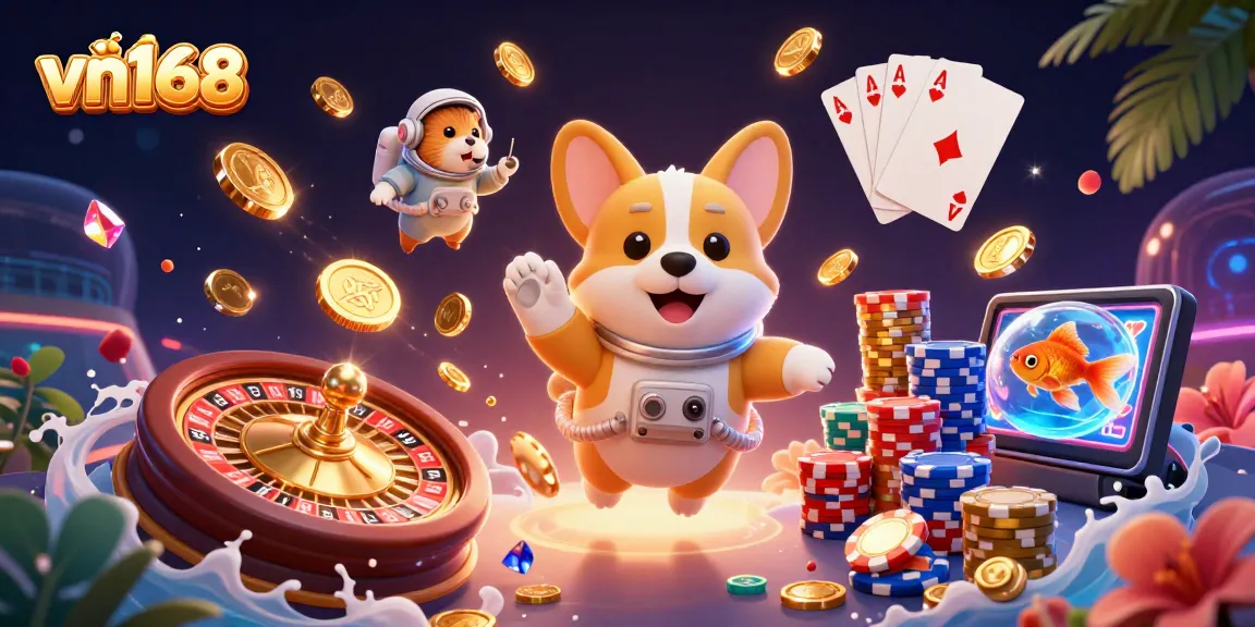 Experience ultimate fun at vn168 by exploring colorful casino games in a vibrant 3D space scene.