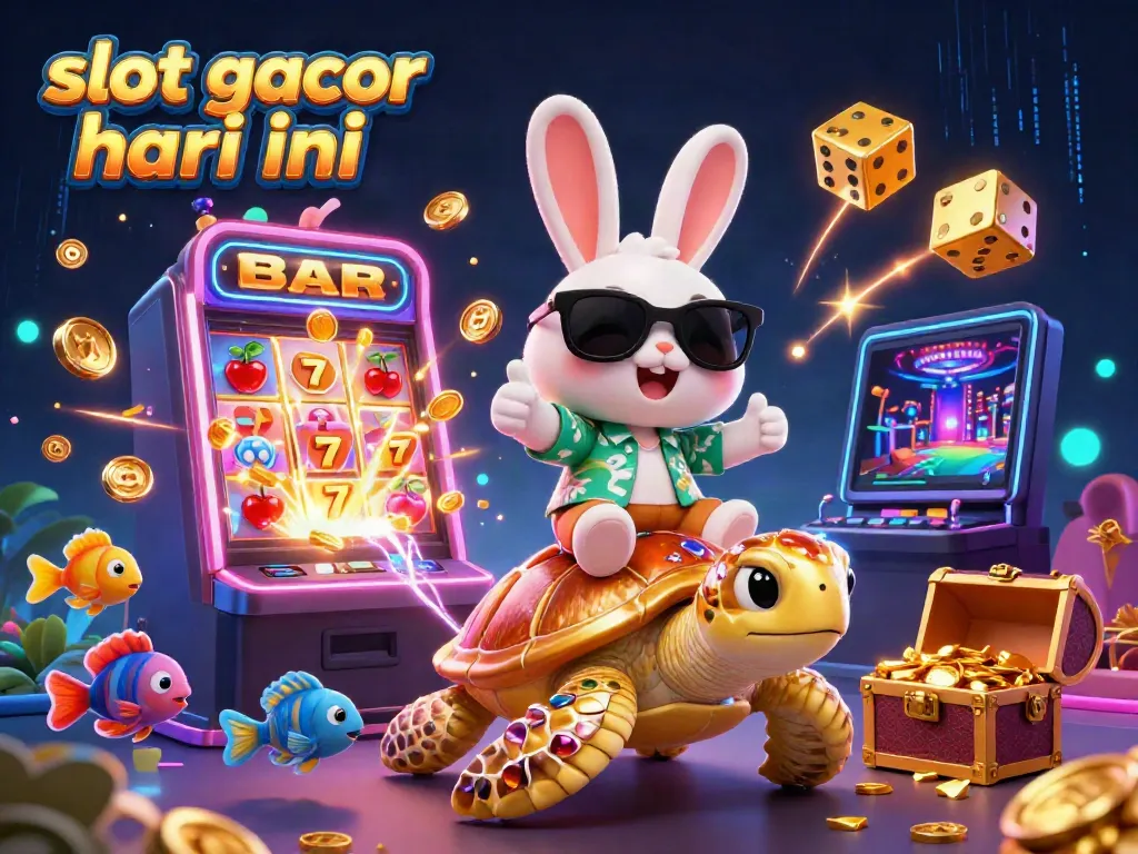 Slot gacor hari ini dengan karakter kelincinya bersemangat dan mesin slot berlimpah koin dalam ilustrasi 3D yang ceria.