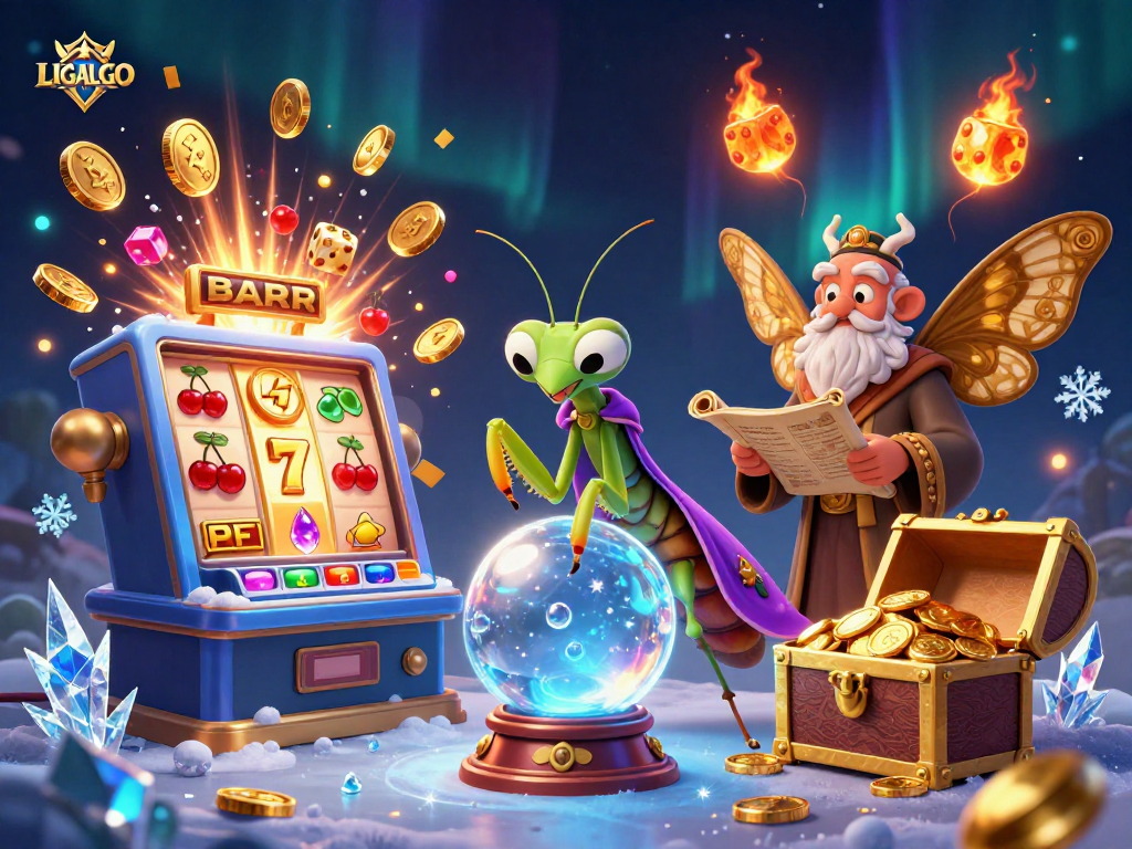 LIGALGO engages players with a vibrant 3D crystal ball scene packed with slot machines and glowing treasures.