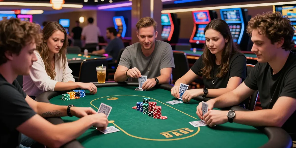 Exciting Daftar Nagapoker scene with friends playing poker at a lively casino table.