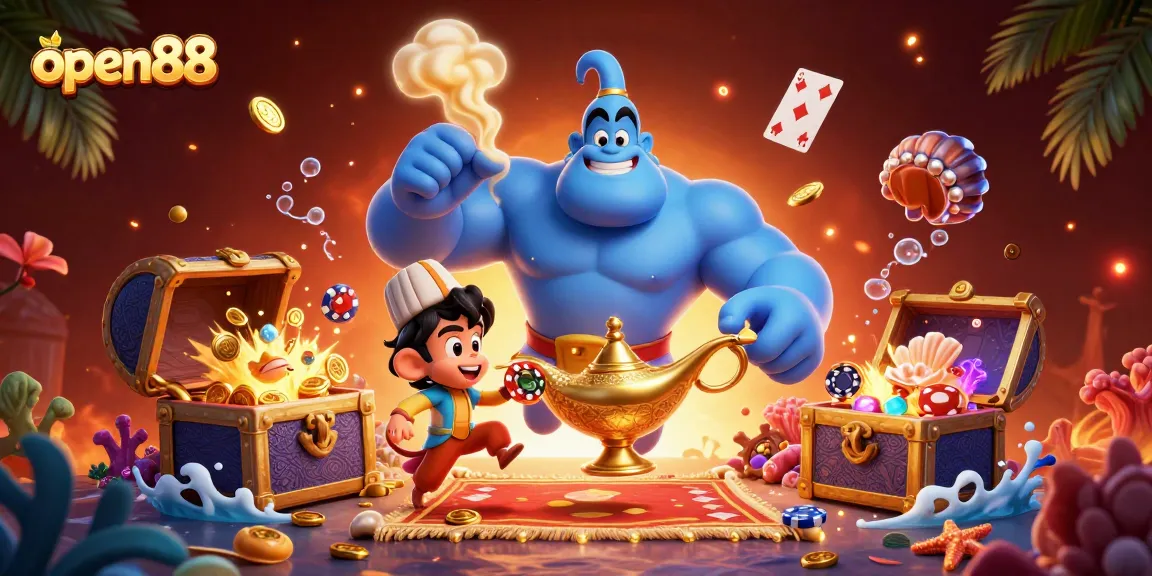 Engage with open88's thrilling casino adventures featuring a vibrant genie and poker chips.