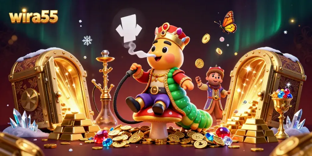 Experience the excitement of wira55 with a vibrant online gambling illustration showcasing festive slots.