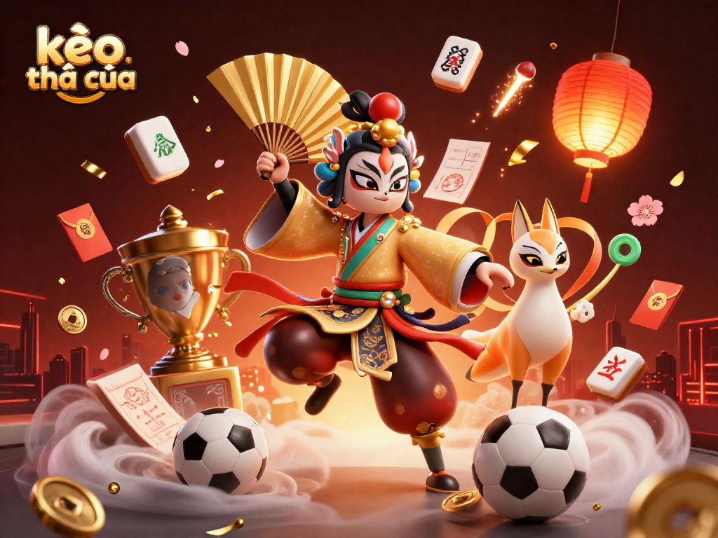 Engage with kèo nhà cái in a vibrant 3D scene featuring sports elements and traditional characters.