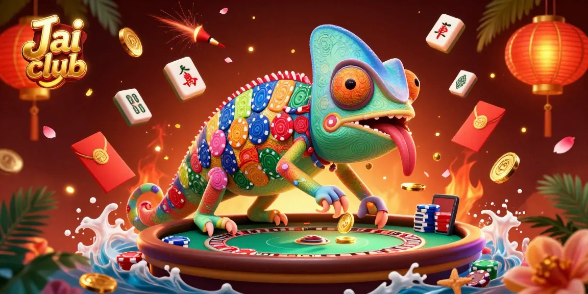 Engage with Jai club's vibrant casino scene featuring an animated chameleon collecting coins.