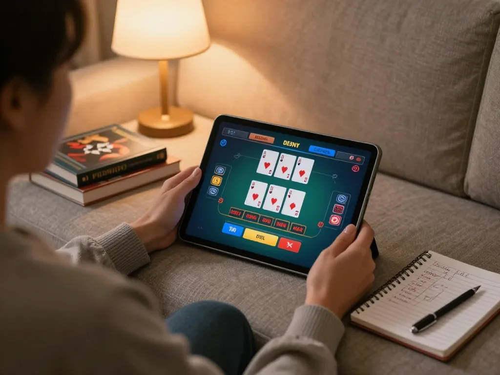 Engaging in an MM88 online blackjack game from a comfortable sofa with strategy notes