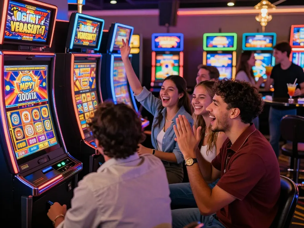 Friends celebrating a win at VEGASSLOT77, vibrant casino atmosphere with colorful slot machines and drinks.