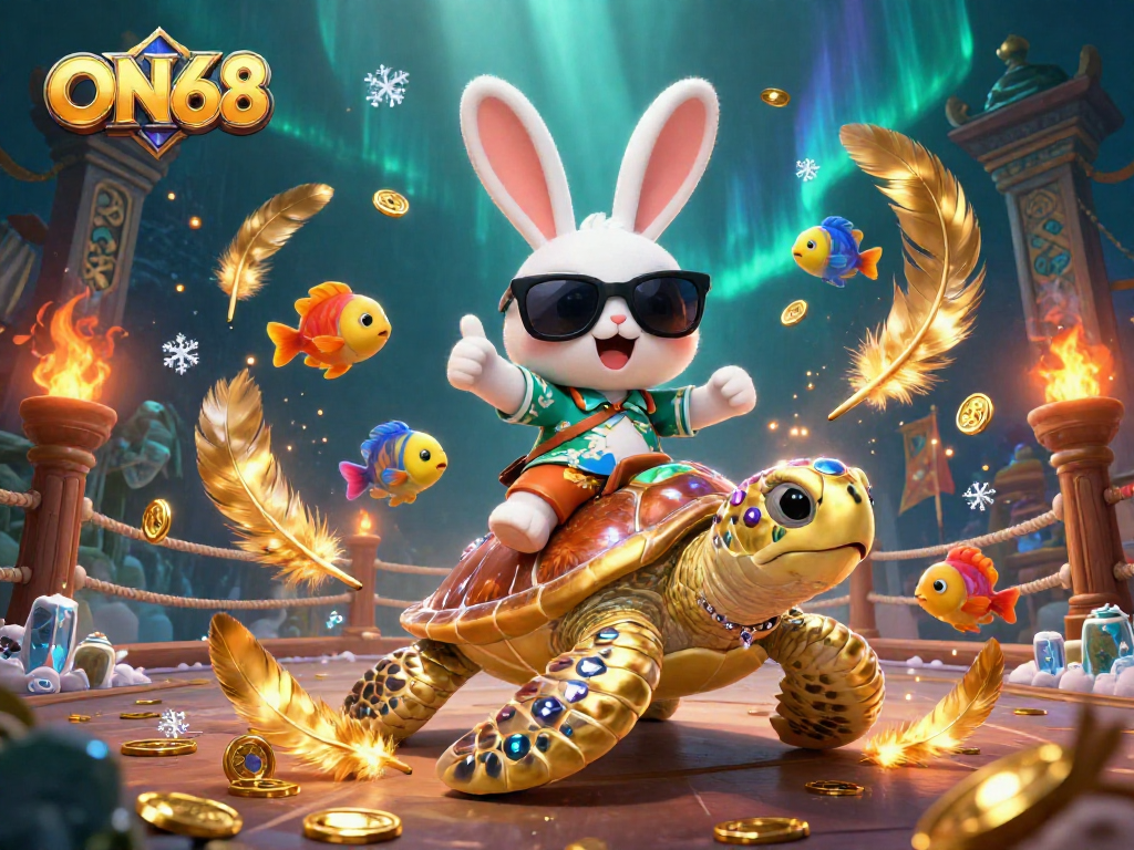 Experience the excitement of ON68 with a vibrant 3D illustration featuring a lucky rabbit and a golden turtle in a casino-like setting.