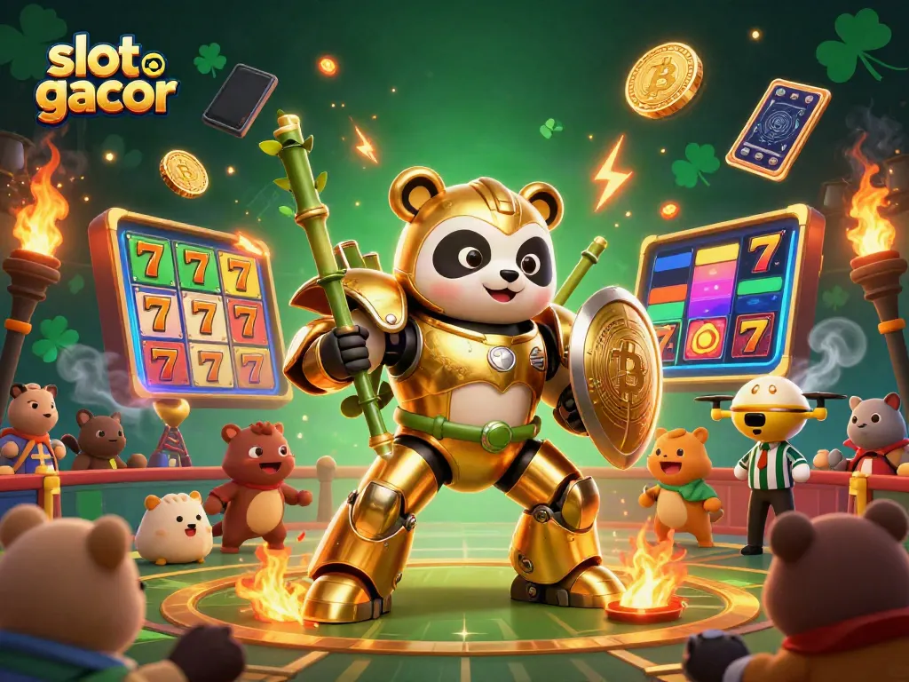 Experience the excitement of slot gacor with vibrant game reels and engaging characters in a spectacular arena.