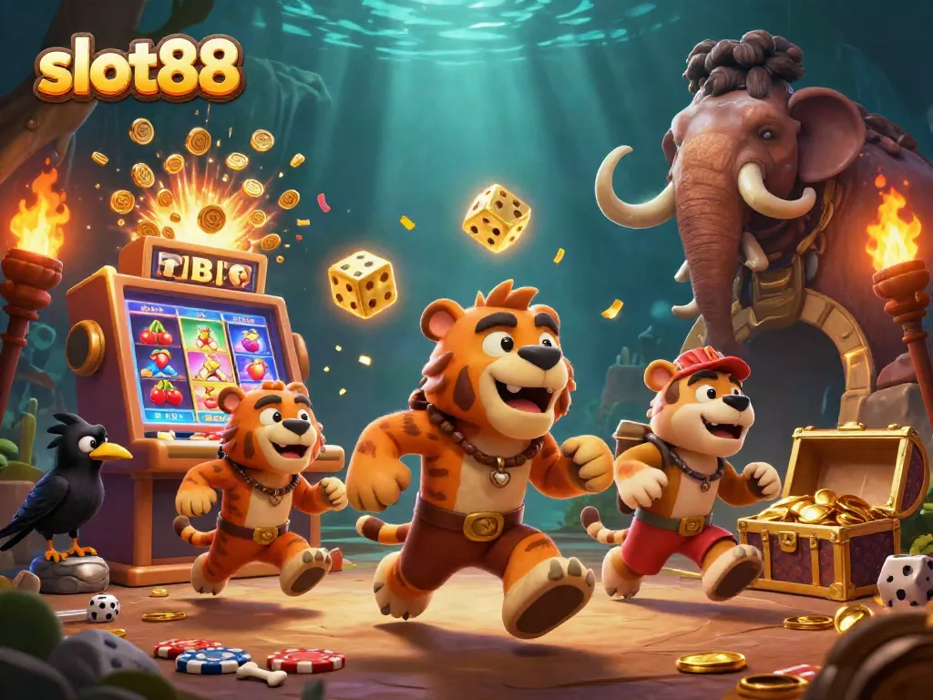 Slot88 menampilkan ilustrasi kasino prasejarah dengan karakter menarik dalam suasana penuh kesenangan.