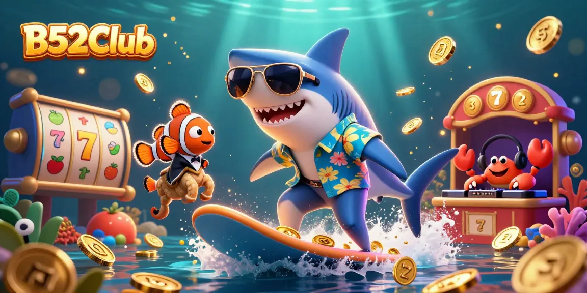 B52Club showcases an underwater casino adventure with characters and slot elements immersed in excitement