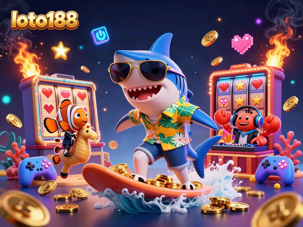 Loto188 promotes an exciting gaming scene with a shark, clownfish, and crab DJ amidst golden casino themes.