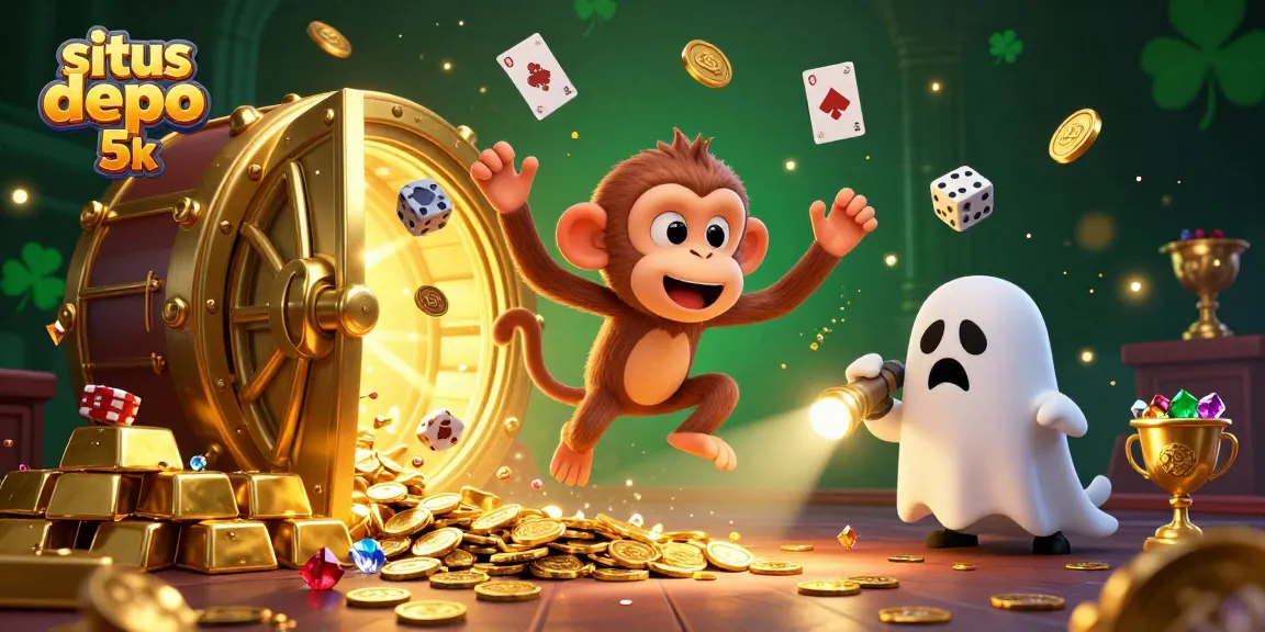 Experience the excitement of situs depo 5k with a vibrant 3D casino scene featuring playful characters and golden treasures.