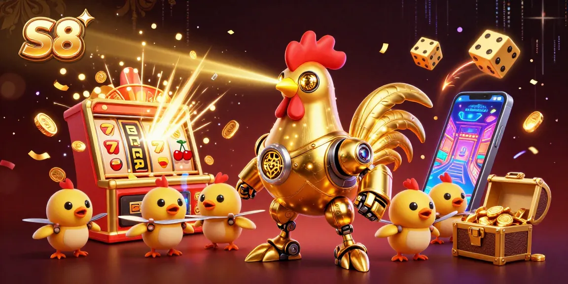 S8 offers thrilling gaming experiences with vibrant slot machines, golden symbols, and dynamic energy in this 3D illustration.