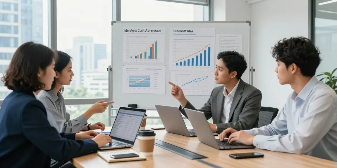 Team discussing merchant cash advance rates in a modern office environment, focused on financial strategies.