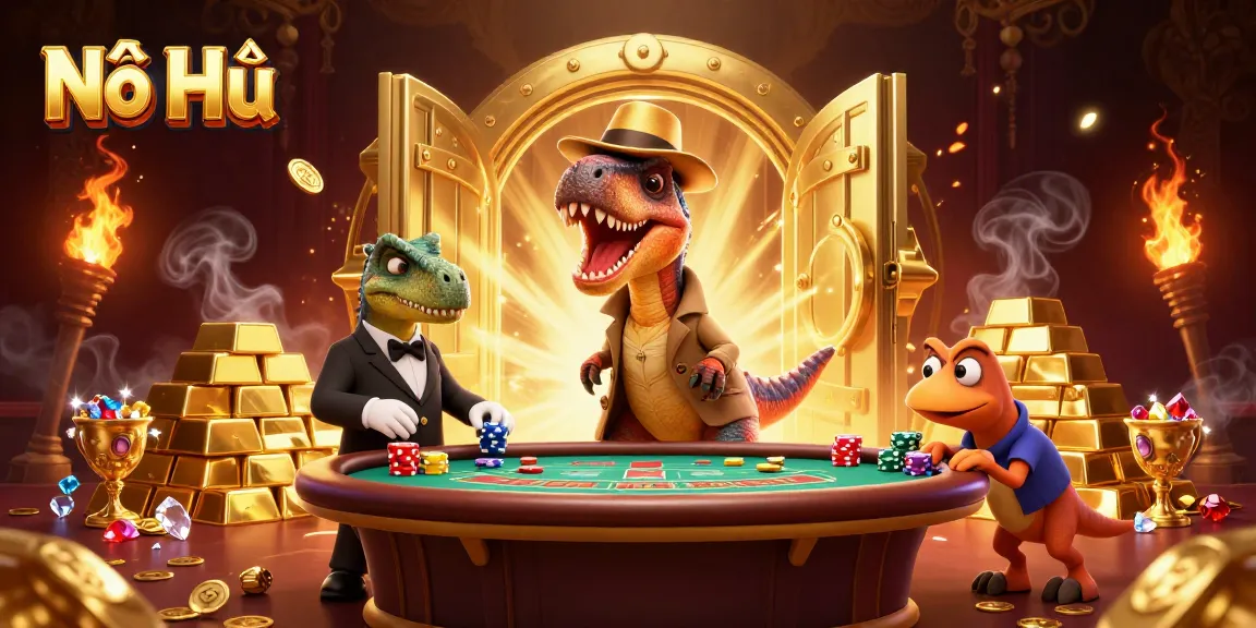 Play Nổ Hũ with a unique 3D casino scene featuring dinosaurs, jackpots, and rich treasures.