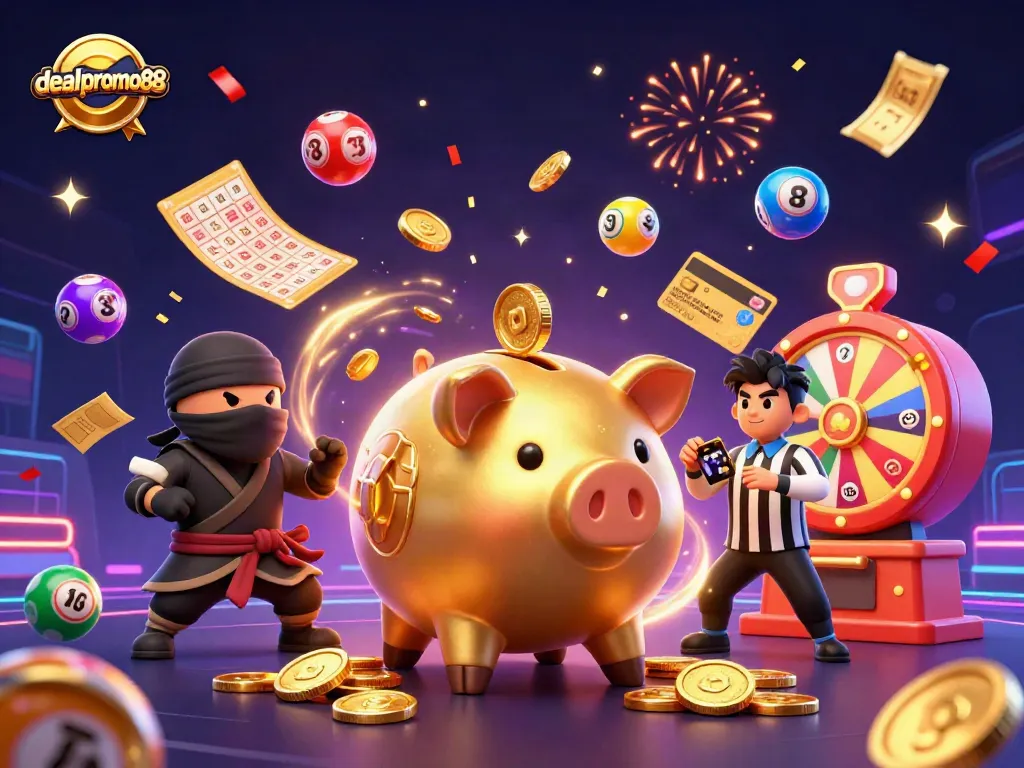 Engage with dealpromo88 as the golden piggy bank sumo wrestler shakes coins with vibrant lottery excitement.