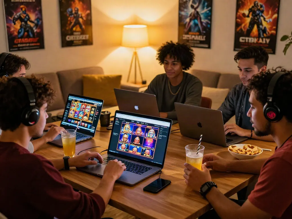 Friends enjoying ทดลองสล็อต on a laptop in a cozy gaming setting with snacks and colorful graphics.
