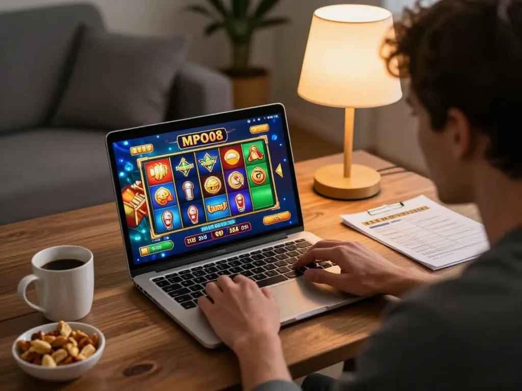 MPO08 SLOT gameplay displayed on laptop screen, showing an engaging online casino experience.