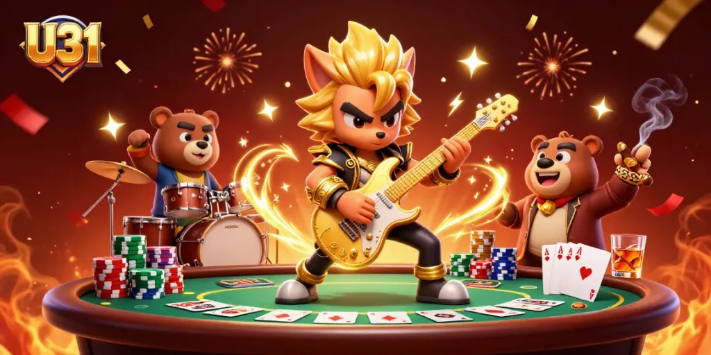 Experience thrilling gameplay with U31 at an electrifying casino scene featuring a rock star wolf and a drummer bear.