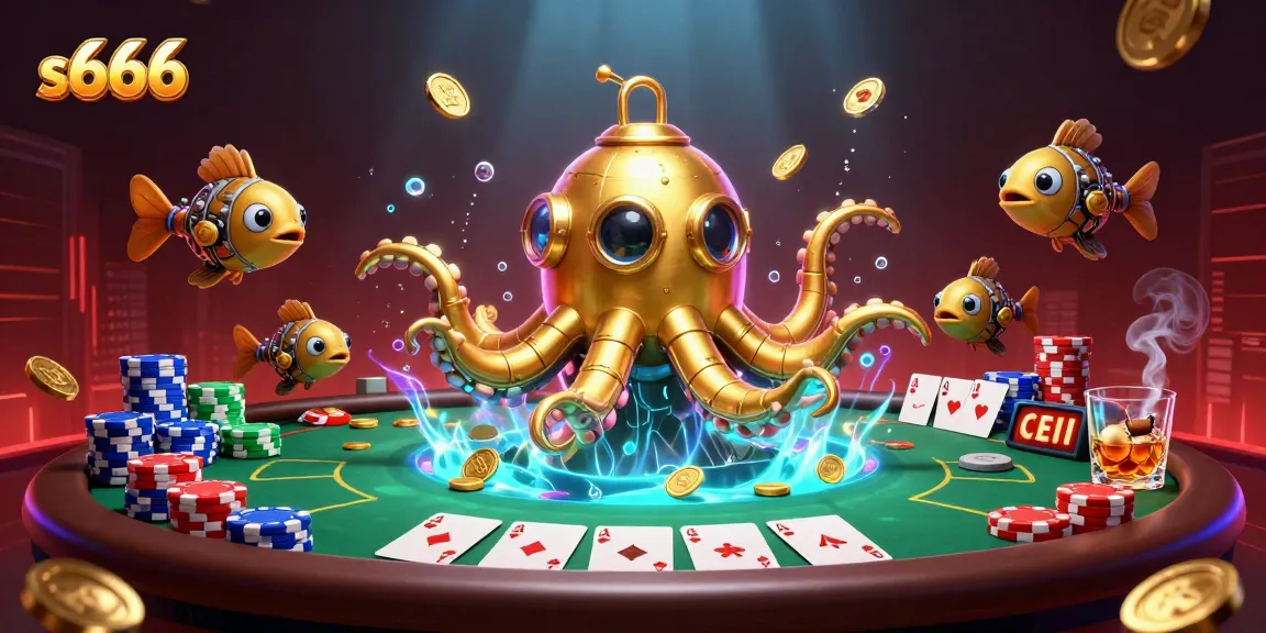 S666 casino features a golden kraken submarine amidst golden coins and poker elements for a dynamic gaming experience.