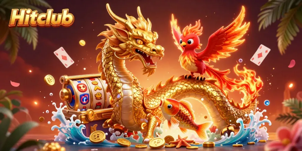 Experience thrilling gameplay at Hitclub with a golden dragon, phoenix, and vibrant casino elements!