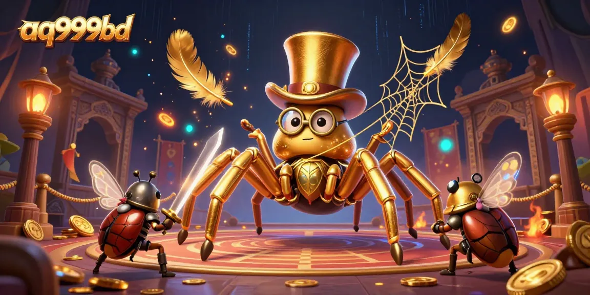 Experience thrilling gameplay at aq999bd with a brave beetle knight and golden tarantula in a vibrant casino.