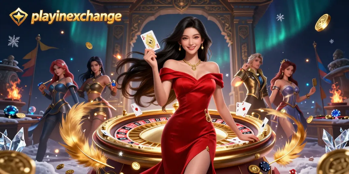 Engage in playinexchange with an elegant woman holding a playing card, surrounded by a golden roulette wheel.